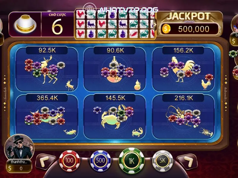 Bầu cua Nhatvip gồm 6 ô cược tương ứng với 6 linh vật