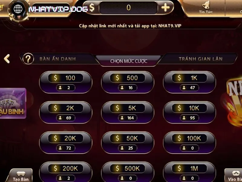 Chọn bàn chơi Mậu Binh theo mức cược