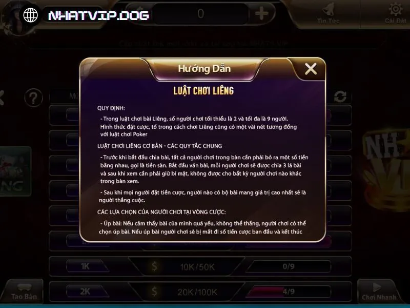Hướng dẫn và luật chơi chi tiết tại sảnh Liêng Nhatvip